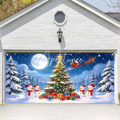 Aperturee - Aperturee Magical Snowy Christmas Tree and Snowmen Garage Door Banner Santa Sleigh Reindeer Holiday Decor.