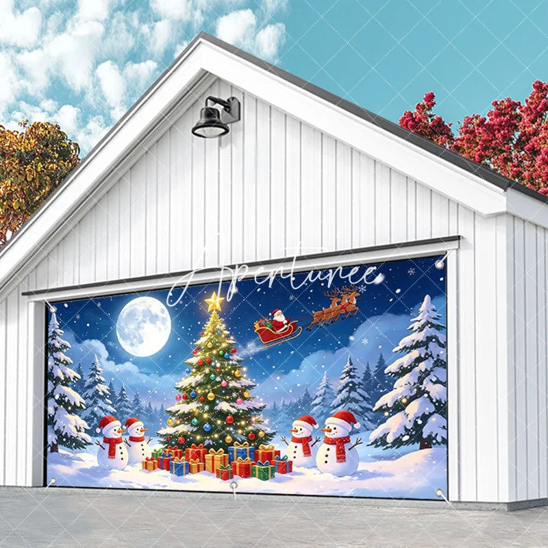 Aperturee - Aperturee Magical Snowy Christmas Tree and Snowmen Garage Door Banner Santa Sleigh Reindeer Holiday Decor.