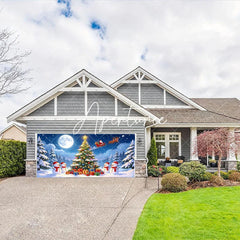 Aperturee - Aperturee Magical Snowy Christmas Tree and Snowmen Garage Door Banner Santa Sleigh Reindeer Holiday Decor.