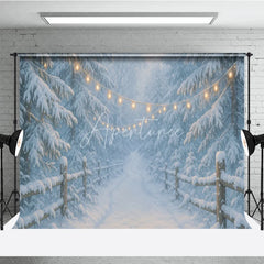 Aperturee - Aperturee Magical Snowy Forest Path Photography Backdrop with Fairy Lights and Wooden Fence Winter Holiday Decor
