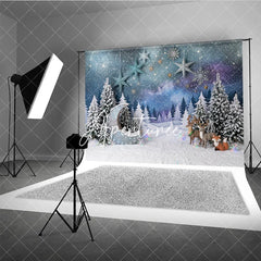Aperturee - Aperturee Magical Snowy Forest Photography Backdrop with Glitter Moon Reindeer and Fox for Christmas Winter Holiday
