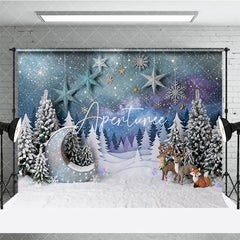 Aperturee - Aperturee Magical Snowy Forest Photography Backdrop with Glitter Moon Reindeer and Fox for Christmas Winter Holiday