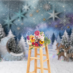 Aperturee - Aperturee Magical Snowy Forest Photography Backdrop with Glitter Moon Reindeer and Fox for Christmas Winter Holiday