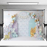 Aperturee - Aperturee Magical Unicorn and Dragon Photography Backdrop Pastel Rainbow Birthday Banner