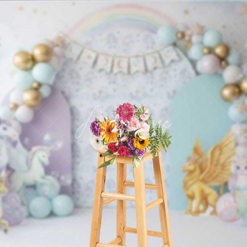 Aperturee - Aperturee Magical Unicorn and Dragon Photography Backdrop Pastel Rainbow Birthday Banner