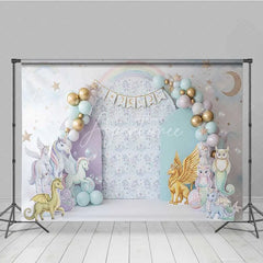 Aperturee - Aperturee Magical Unicorn and Dragon Photography Backdrop Pastel Rainbow Birthday Banner