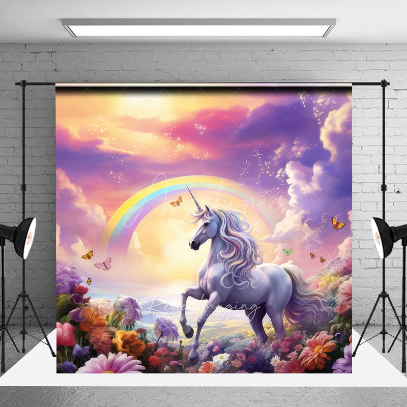 Aperturee Aperturee Magical Unicorn Cake Smash Photography Backdrop Rainbow and Sunset Sky Enchanted Floral Meadow Photo Prop