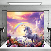 Aperturee Aperturee Magical Unicorn Cake Smash Photography Backdrop Rainbow and Sunset Sky Enchanted Floral Meadow Photo Prop