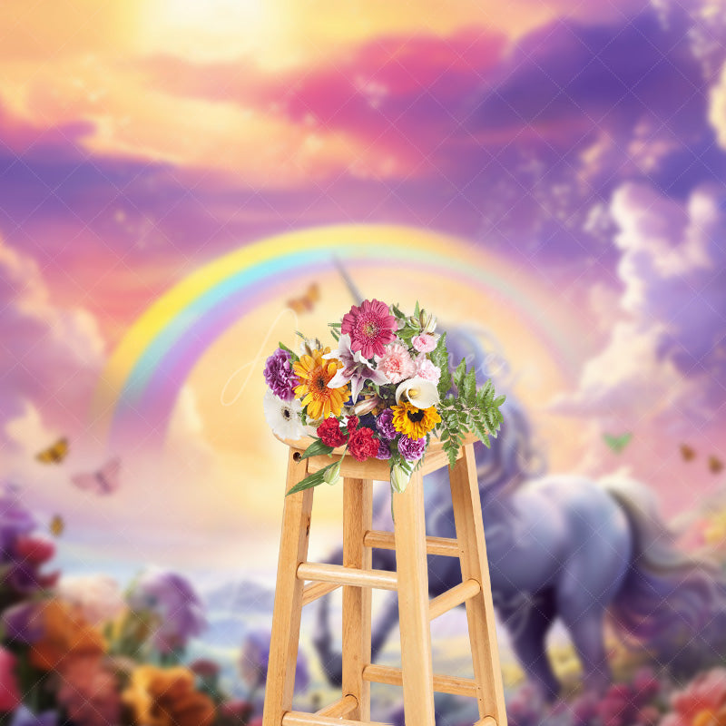 Aperturee Aperturee Magical Unicorn Cake Smash Photography Backdrop Rainbow and Sunset Sky Enchanted Floral Meadow Photo Prop