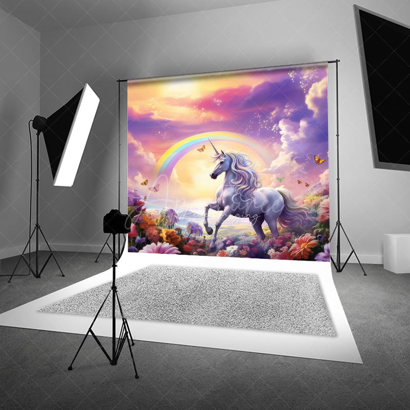 Aperturee Aperturee Magical Unicorn Cake Smash Photography Backdrop Rainbow and Sunset Sky Enchanted Floral Meadow Photo Prop