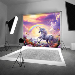 Aperturee Aperturee Magical Unicorn Cake Smash Photography Backdrop Rainbow and Sunset Sky Enchanted Floral Meadow Photo Prop
