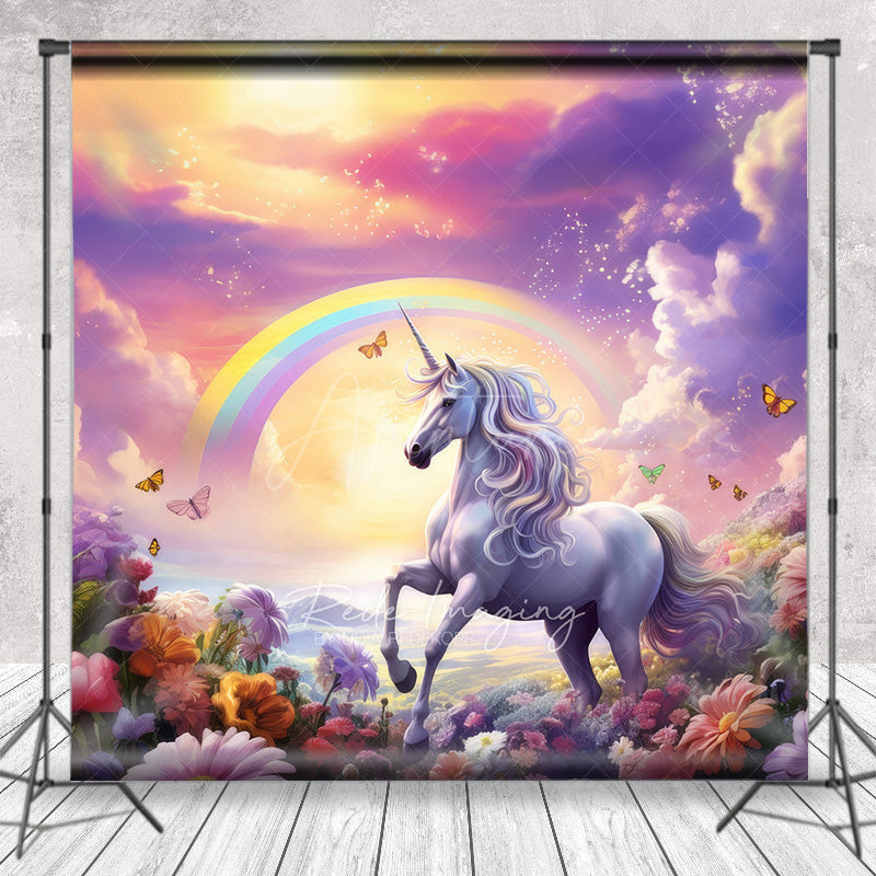 Aperturee Aperturee Magical Unicorn Cake Smash Photography Backdrop Rainbow and Sunset Sky Enchanted Floral Meadow Photo Prop