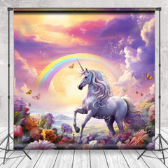 Aperturee Aperturee Magical Unicorn Cake Smash Photography Backdrop Rainbow and Sunset Sky Enchanted Floral Meadow Photo Prop