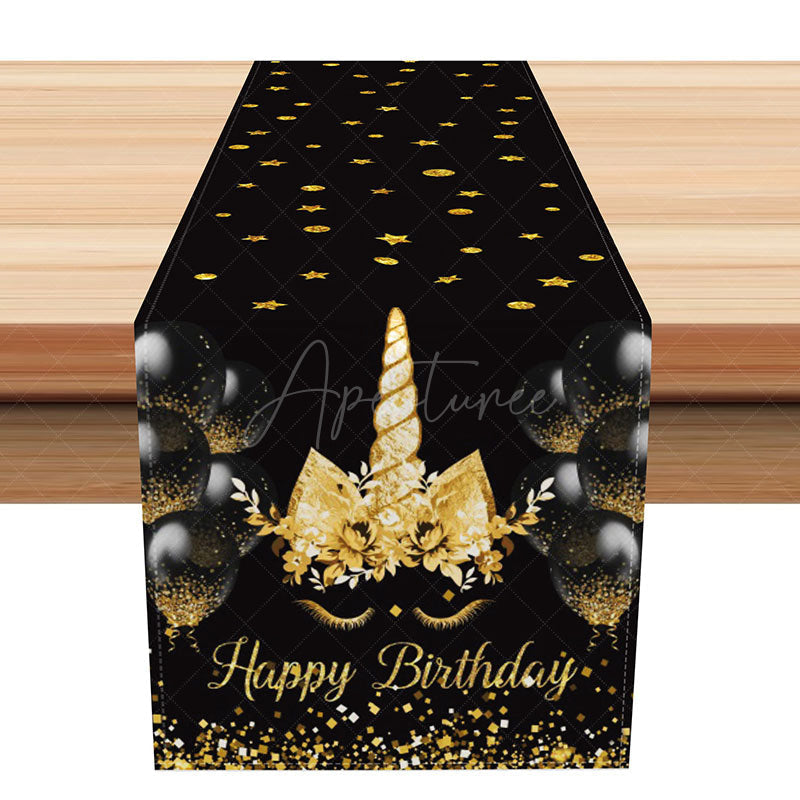 Aperturee - Aperturee Magical Unicorn Happy Birthday Table Runner with Black and Gold Glitter for Girls Fantasy Party Decor