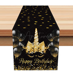 Aperturee - Aperturee Magical Unicorn Happy Birthday Table Runner with Black and Gold Glitter for Girls Fantasy Party Decor