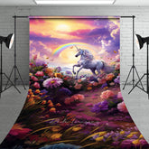 Aperturee Aperturee Magical Unicorn Sweep Photo Backdrop for Cake Smash Rainbow and Sunset Enchanted Floral Meadow Photo Prop