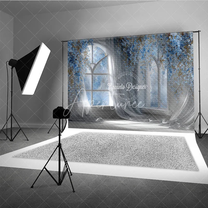 Aperturee - Aperturee Magical Wedding Window Backdrop Arch Window with Blue Flowers Sheer Curtains Photography Background Props