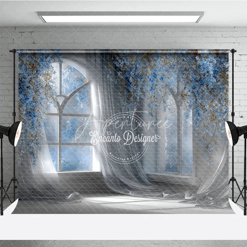 Aperturee - Aperturee Magical Wedding Window Backdrop Arch Window with Blue Flowers Sheer Curtains Photography Background Props