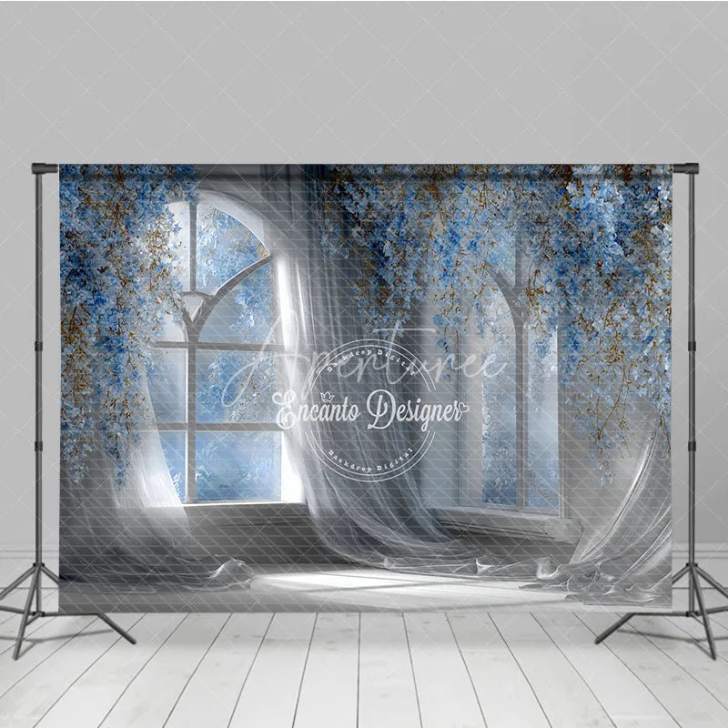 Aperturee - Aperturee Magical Wedding Window Backdrop Arch Window with Blue Flowers Sheer Curtains Photography Background Props
