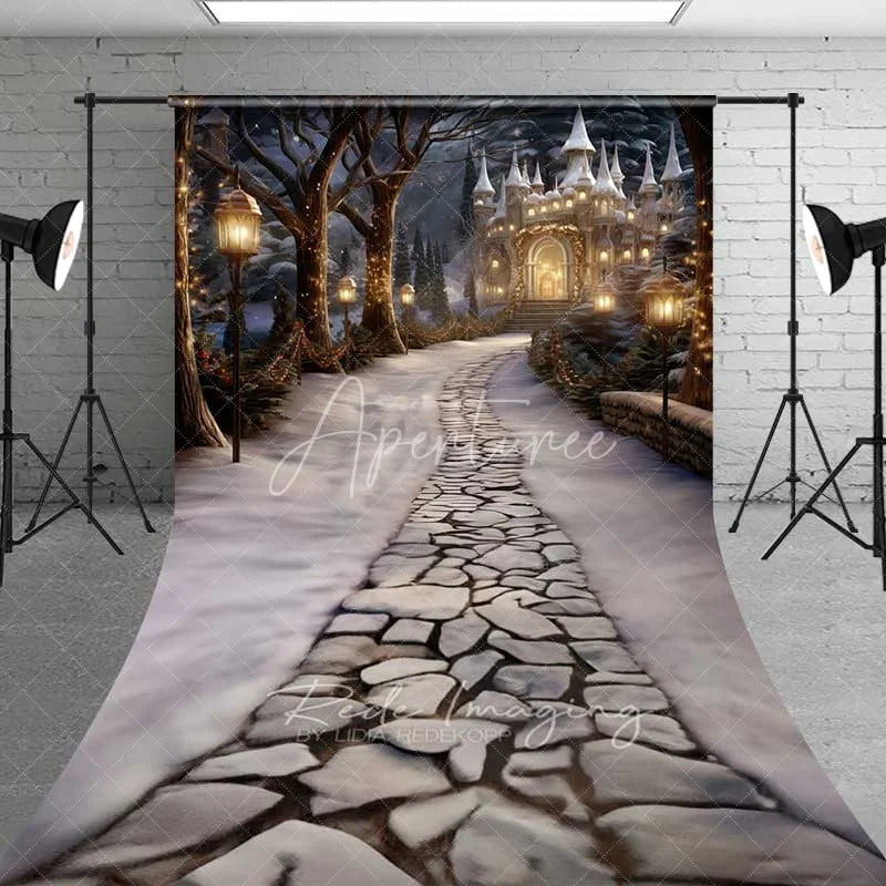 Aperturee - Aperturee Magical Winter Castle Sweep Backdrop Stone Path Street Lamps Fantasy Night Floor Photo Background