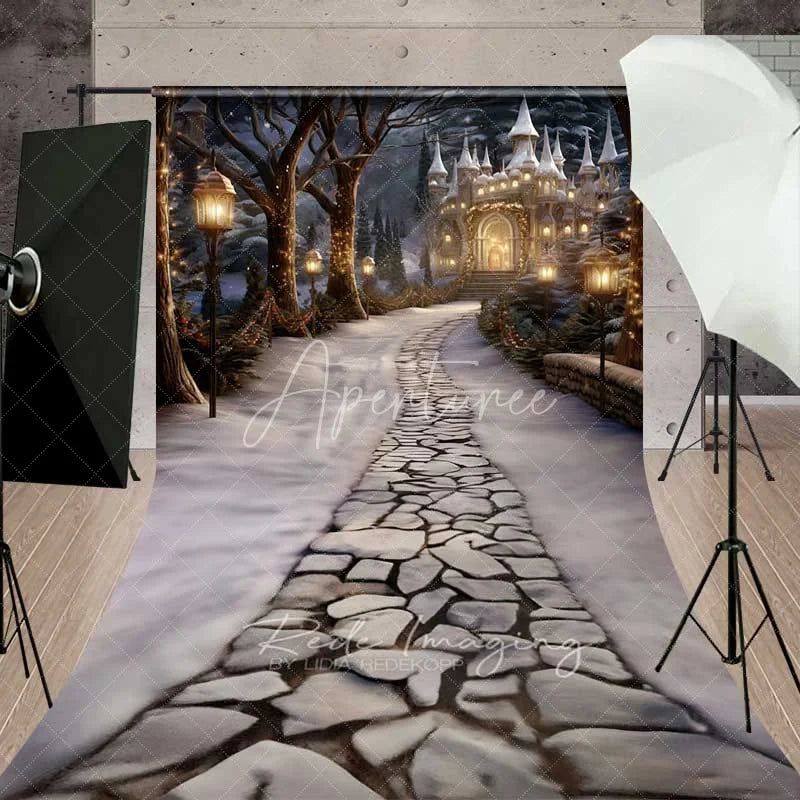 Aperturee - Aperturee Magical Winter Castle Sweep Backdrop Stone Path Street Lamps Fantasy Night Floor Photo Background