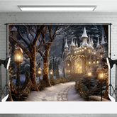 Aperturee - Aperturee Magical Winter Wonderland Castle Photography Backdrop Enchanting Snowy Forest Illuminated Lanterns and Festive Lights