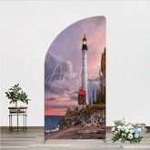 Aperturee - Aperturee Majestic Lighthouse Half Moon Arch Backdrop Scenic Sunset Ocean Beach with Autumn Trees Photography Decor