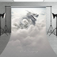 Aperturee - Aperturee Majestic White Dragon in Ethereal Clouds Sweep Backdrop Mystical Fantasy Mountain Scene Photography Background