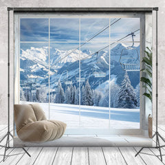 Aperturee - Aperturee Majestic Winter Mountain Photography Backdrop with Snowy Peaks and Ski Lifts Scenic Alpine Window View