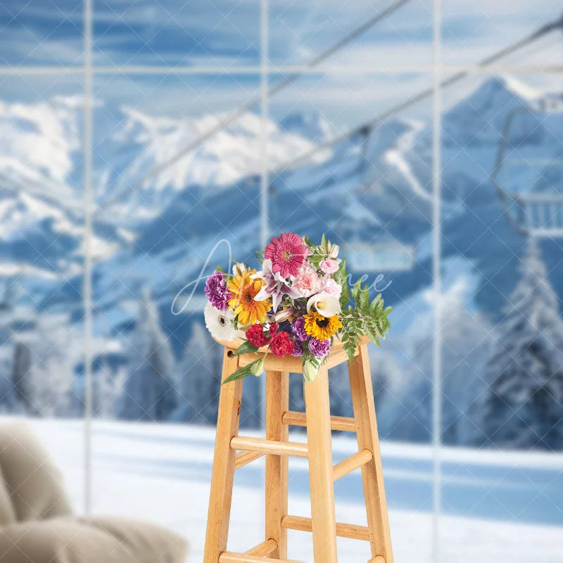 Aperturee - Aperturee Majestic Winter Mountain Photography Backdrop with Snowy Peaks and Ski Lifts Scenic Alpine Window View