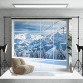 Aperturee - Aperturee Majestic Winter Mountain Photography Backdrop with Snowy Peaks and Ski Lifts Scenic Alpine Window View
