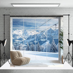 Aperturee - Aperturee Majestic Winter Mountain Photography Backdrop with Snowy Peaks and Ski Lifts Scenic Alpine Window View