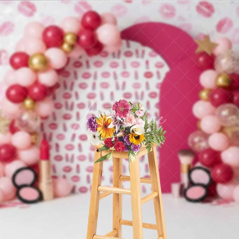Aperturee - Aperturee Makeup and Lipstick Photography Backdrop Pink Lips and Beauty Theme Party Banner