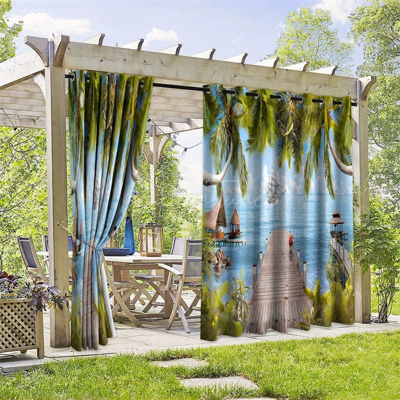 Aperturee - Aperturee Maldives Seaside Waterproof Printed Outdoor Curtains