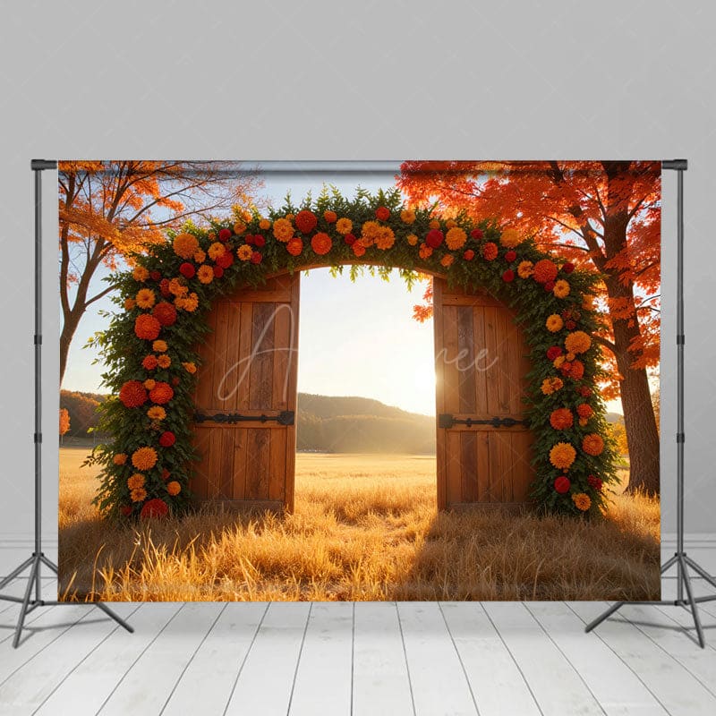 Aperturee - Aperturee Maple Grove Floral Greenery Door Autumn Photo Backdrop