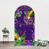 Aperturee - Aperturee Mardi Gras Masquerade Mask Arch Backdrop Kit Festive Carnival Party Decor Purple and Gold Feather Theme
