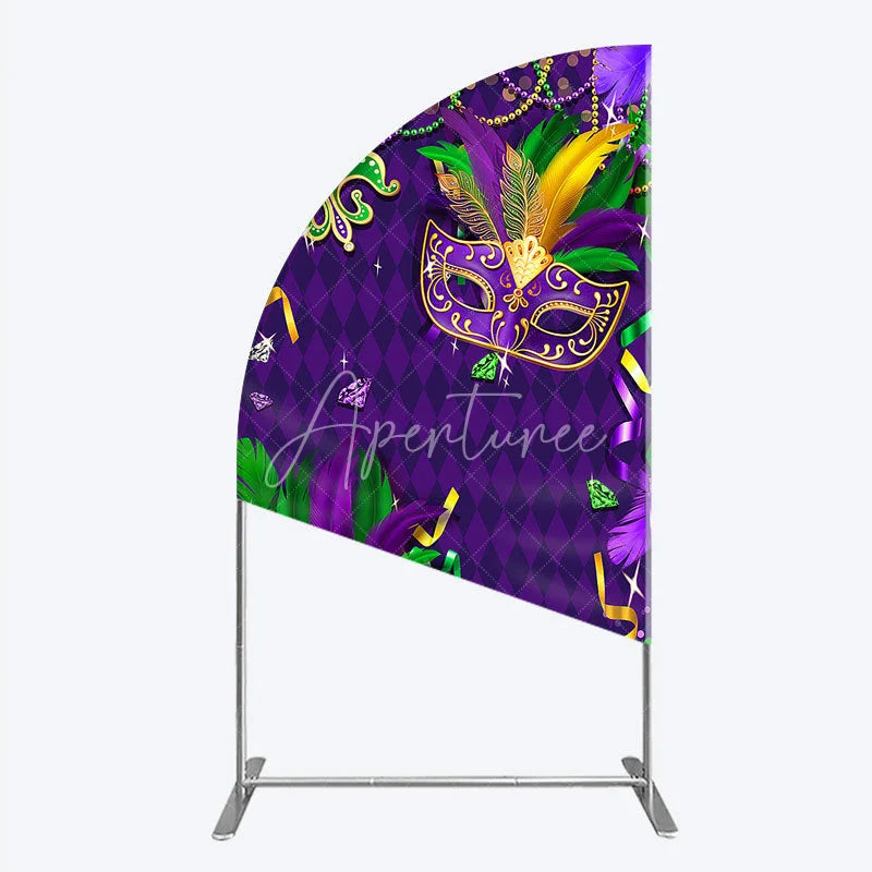 Aperturee - Aperturee Mardi Gras Masquerade Mask Half Moon Arch Backdrop Kit Festive Carnival Party Decor Purple and Gold Feather Theme