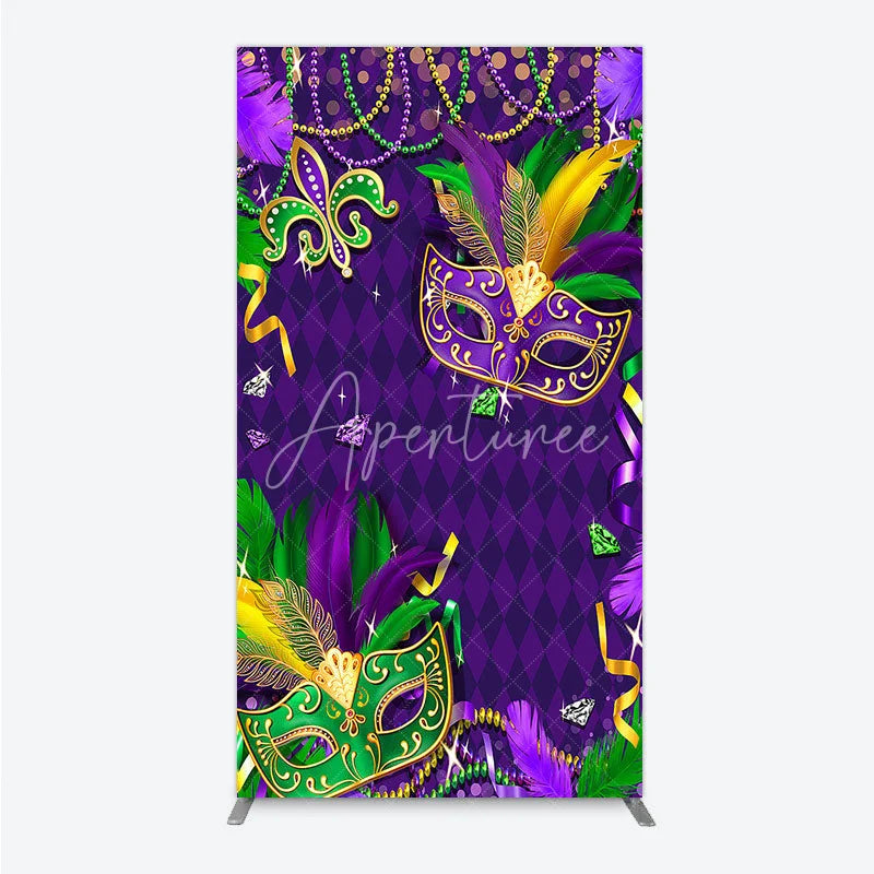 Aperturee - Aperturee Mardi Gras Masquerade Mask Rectangle Backdrop Kit Festive Carnival Party Decor Purple and Gold Feather Theme