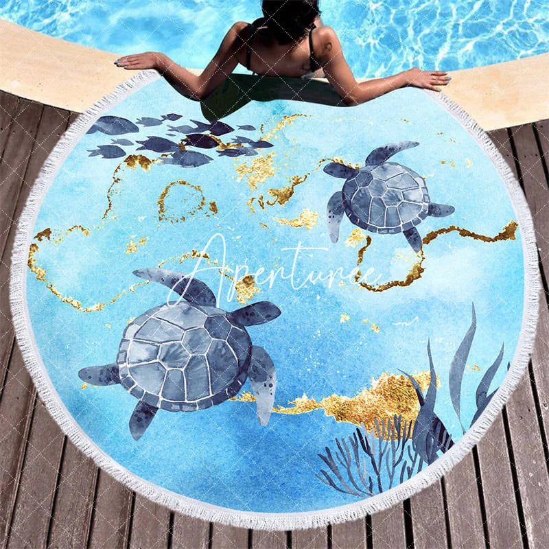 Aperturee - Aperturee Marine Organisms Coral Turtles Round Beach Towel