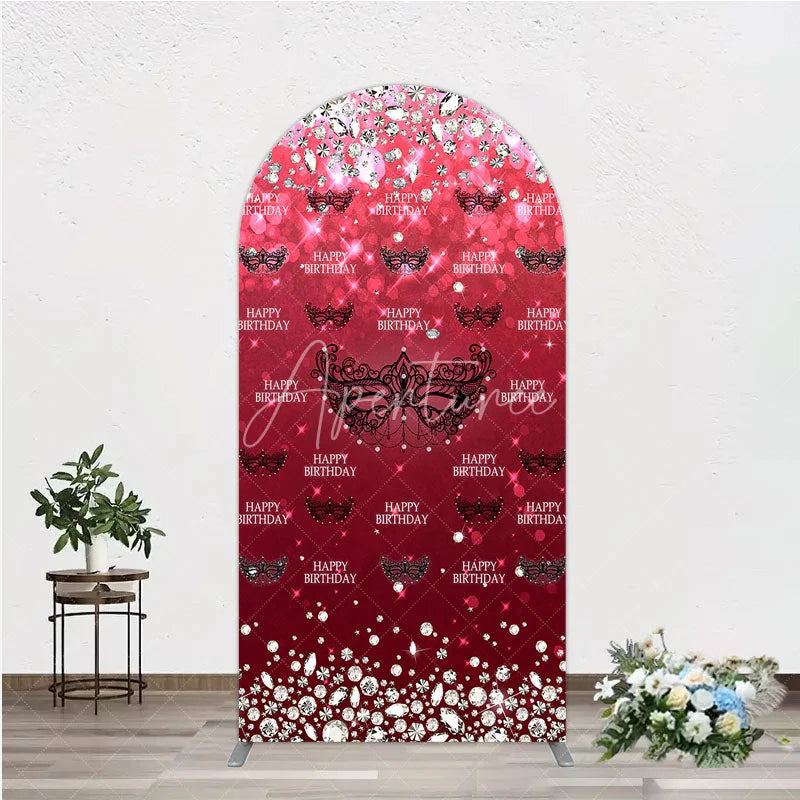 Aperturee - Aperturee Masquerade Ball Birthday Arch Backdrop Red and Black Venetian Mask with Diamonds Sweet 16 Party Decor