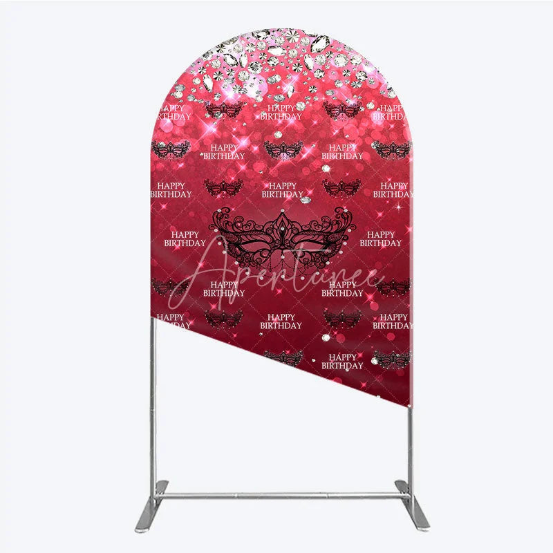 Aperturee - Aperturee Masquerade Ball Birthday Arch Backdrop Red and Black Venetian Mask with Diamonds Sweet 16 Party Decor