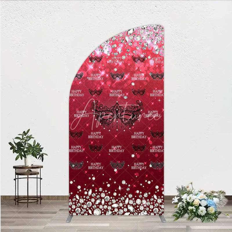 Aperturee - Aperturee Masquerade Ball Birthday Half Moon Arch Backdrop Red and Black Venetian Mask with Diamonds Sweet 16 Party Decor
