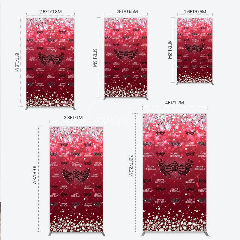 Aperturee - Aperturee Masquerade Ball Birthday Rectangle Backdrop Red and Black Venetian Mask with Diamonds Sweet 16 Party Decor