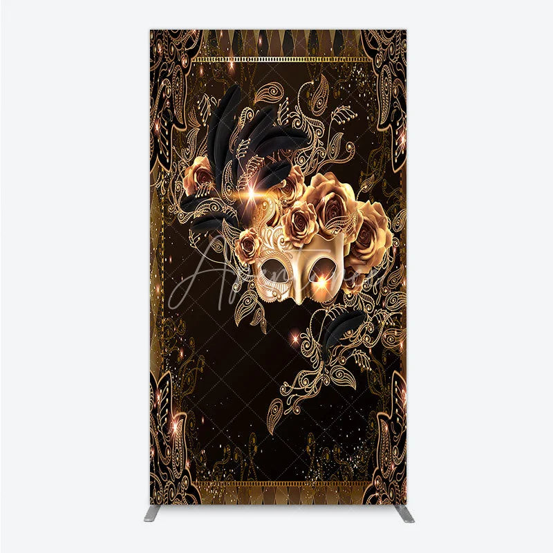 Aperturee - Aperturee Masquerade Mask Rectangle Backdrop Black Gold Feathers Roses Background Carnival Prom Party Rectangle Cover
