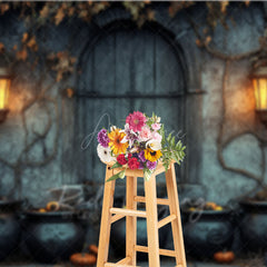 Aperturee - Aperturee Medieval Dungeon Wall Photography Backdrop Spooky Witch’s Lair with Cauldrons Halloween Photo Background