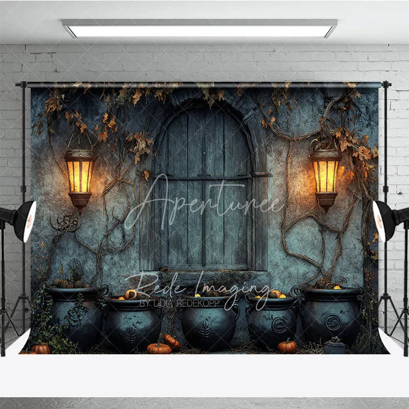 Aperturee - Aperturee Medieval Dungeon Wall Photography Backdrop Spooky Witch’s Lair with Cauldrons Halloween Photo Background