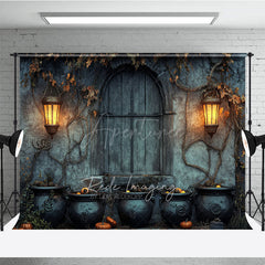 Aperturee - Aperturee Medieval Dungeon Wall Photography Backdrop Spooky Witch’s Lair with Cauldrons Halloween Photo Background