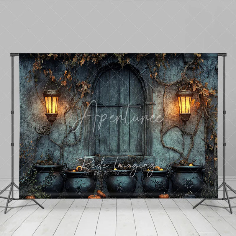 Aperturee - Aperturee Medieval Dungeon Wall Photography Backdrop Spooky Witch’s Lair with Cauldrons Halloween Photo Background