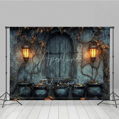 Aperturee - Aperturee Medieval Dungeon Wall Photography Backdrop Spooky Witch’s Lair with Cauldrons Halloween Photo Background
