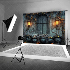 Aperturee - Aperturee Medieval Dungeon Wall Photography Backdrop Spooky Witch’s Lair with Cauldrons Halloween Photo Background